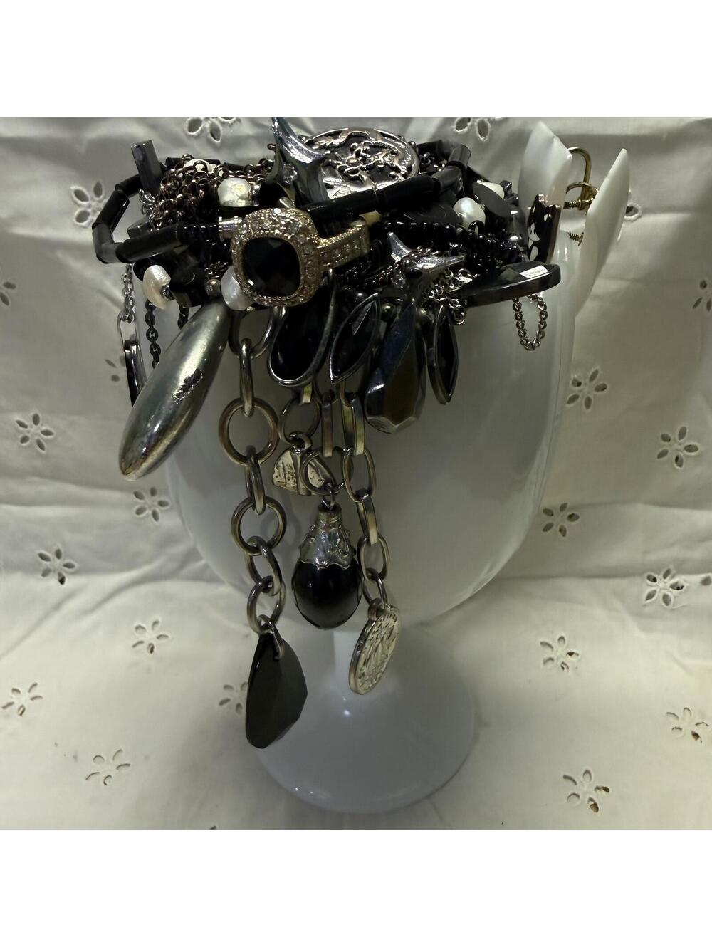 Vtg Goth Lot: ALL Wearable 40+ Pc Mix of Jewelry + 18kgb Pc in Milk Glass Goblet